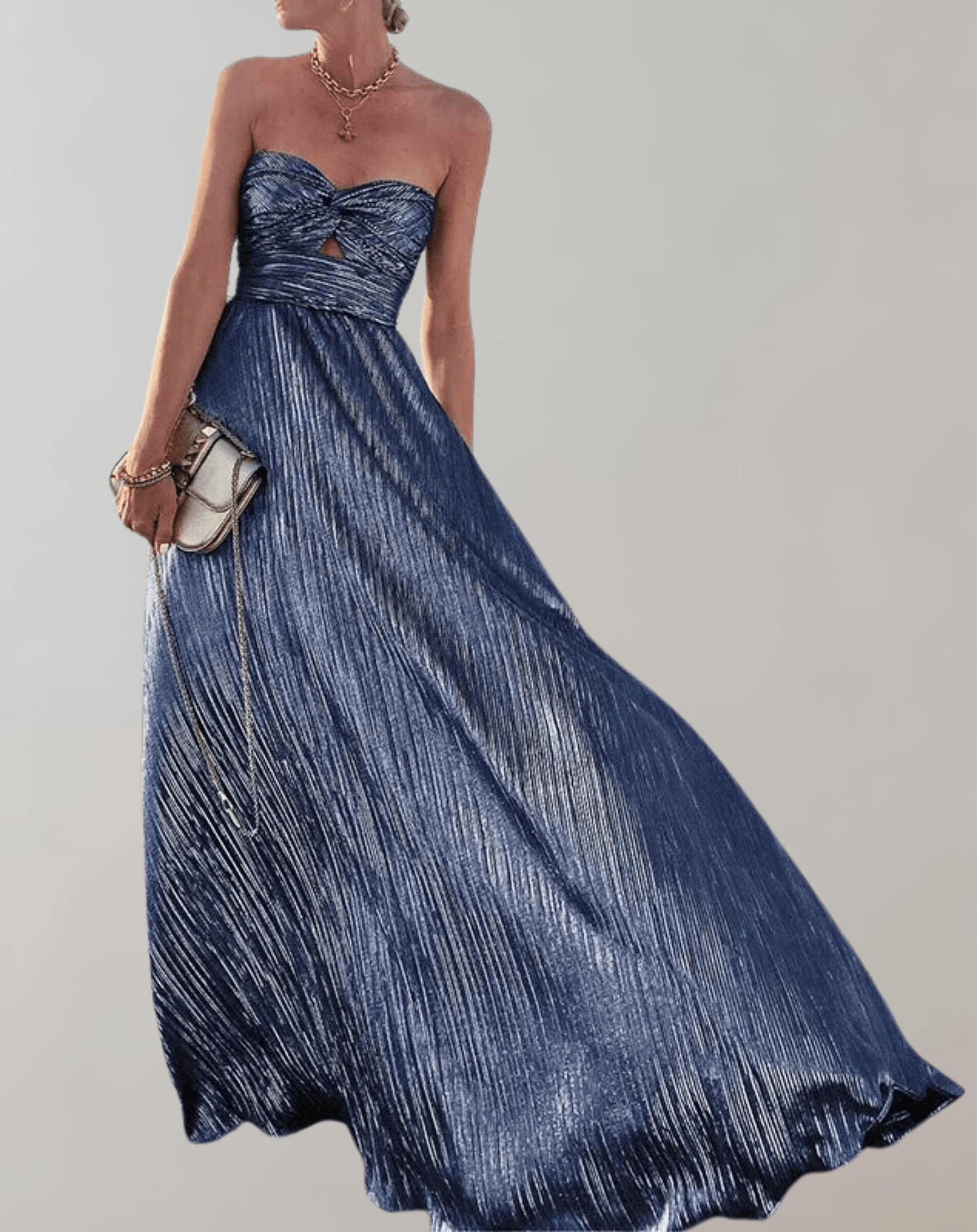 LUMINA – Glamouröses Grünes Abendkleid Mit Plissiertem Stoff & Schulterfreier Silhouette Blau