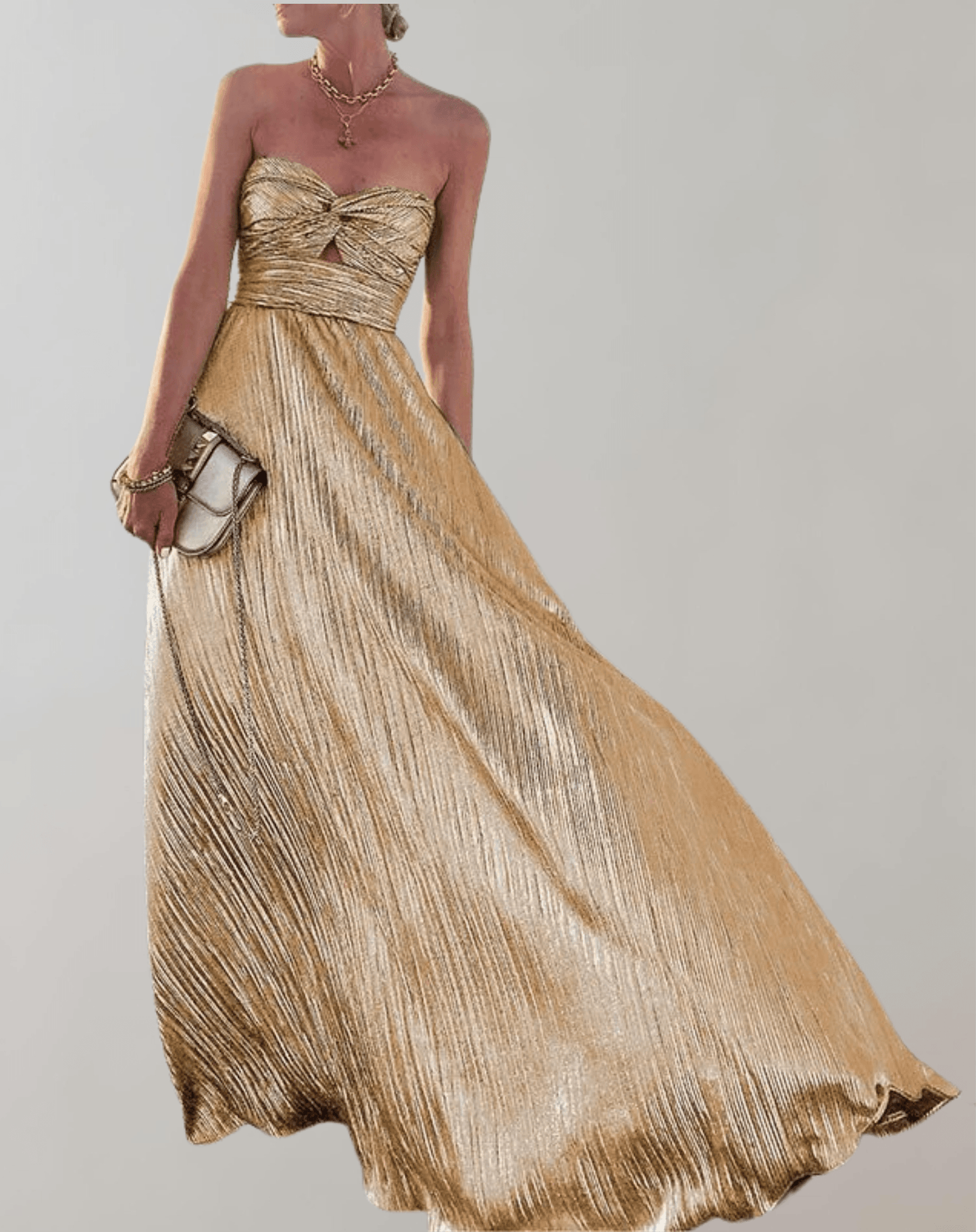 LUMINA – Glamouröses Grünes Abendkleid Mit Plissiertem Stoff & Schulterfreier Silhouette Gold