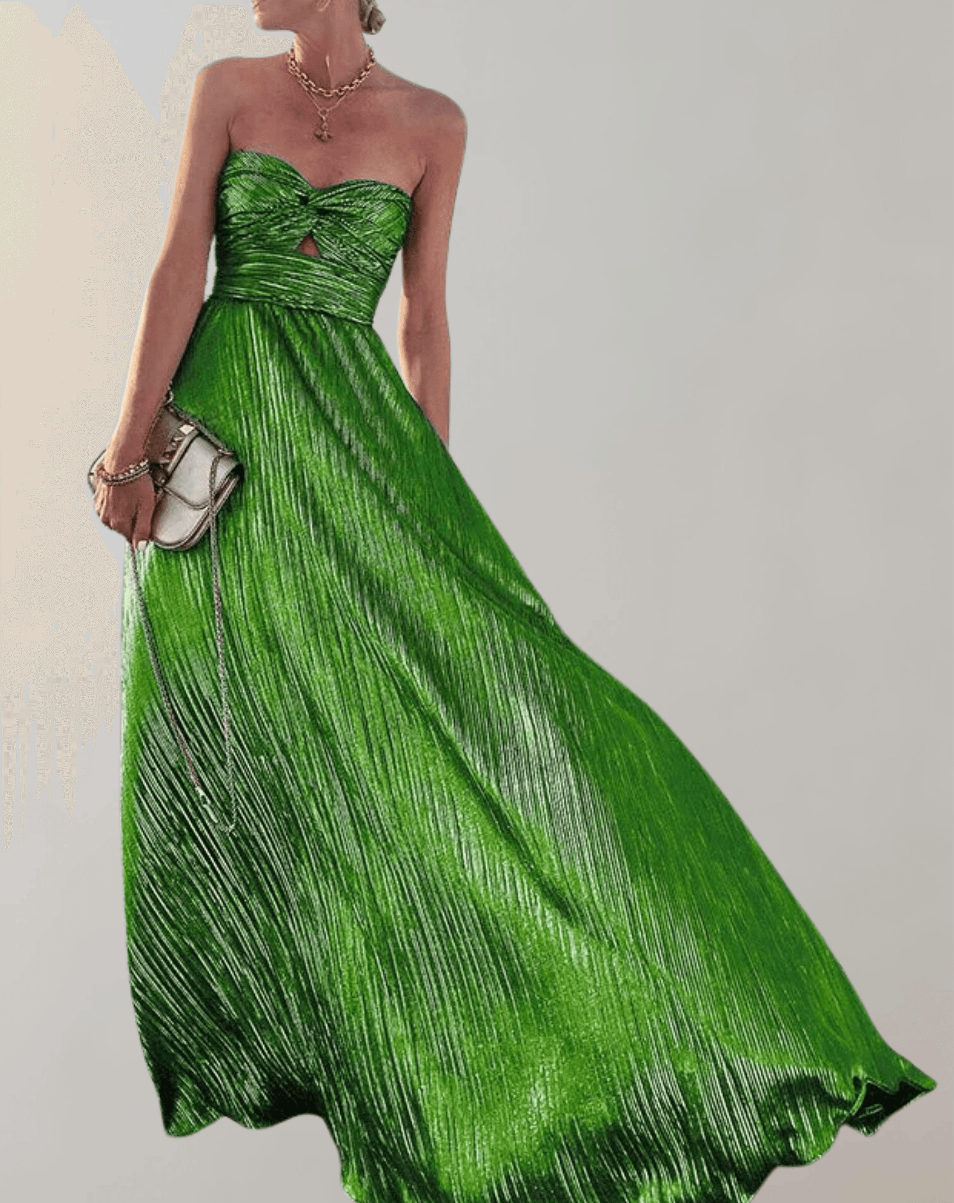 LUMINA – Glamouröses Grünes Abendkleid Mit Plissiertem Stoff & Schulterfreier Silhouette Dunkelgrün