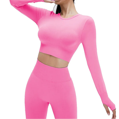 Yoga Set Langarmoberteil Fitnesshose 2-teilig - Atmungsaktiv & Bequem für Frauen Rosa Set