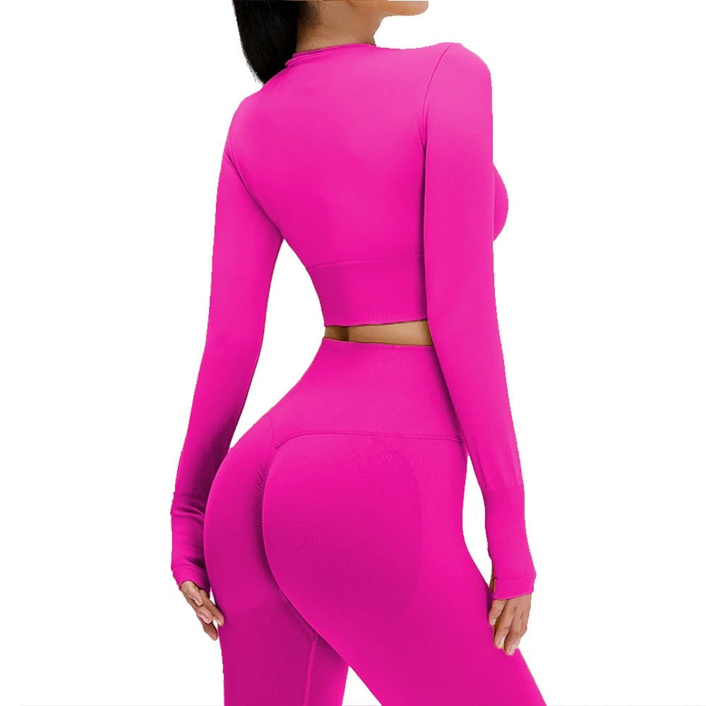 Yoga Set Langarmoberteil Fitnesshose 2-teilig - Atmungsaktiv & Bequem für Frauen Rosa Rot Set