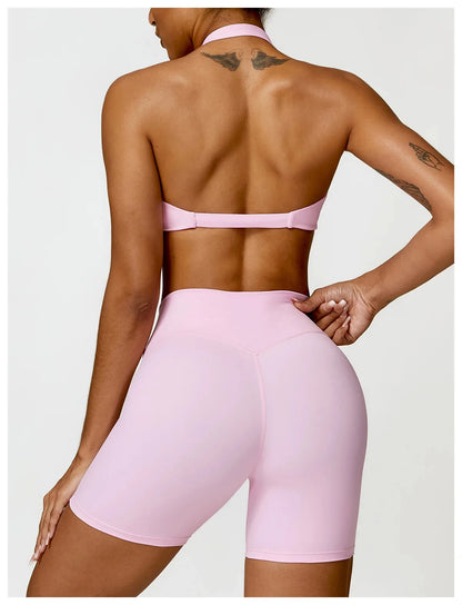 Sportedly 2-teiliges Damen Yoga Outfit: Nahtloser Sport-BH, Sexy Gym Shorts & Leggings
