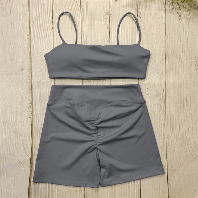 Kurze Fitness Kombination, Elegante Trainingsbekleidung Grau