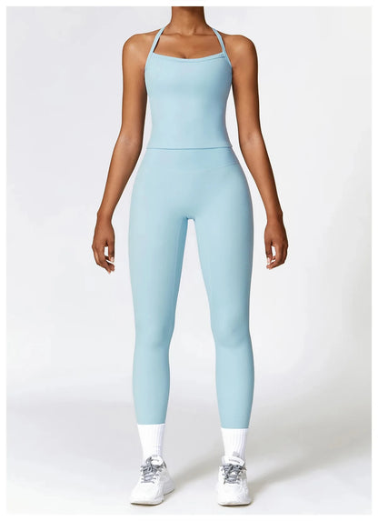 Hochwertige Fitness Kleidung mit Langärmligen Oberteilen und Hochtaillierten Leggings Blau