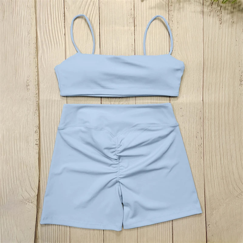Kurze Fitness Kombination, Elegante Trainingsbekleidung Himmelblau