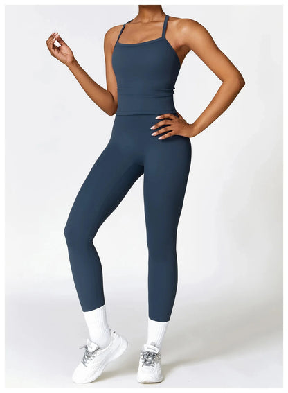 Hochwertige Fitness Kleidung mit Langärmligen Oberteilen und Hochtaillierten Leggings Dunkelblau