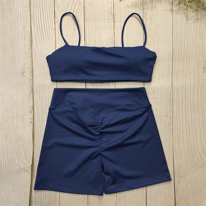 Kurze Fitness Kombination, Elegante Trainingsbekleidung Marineblau