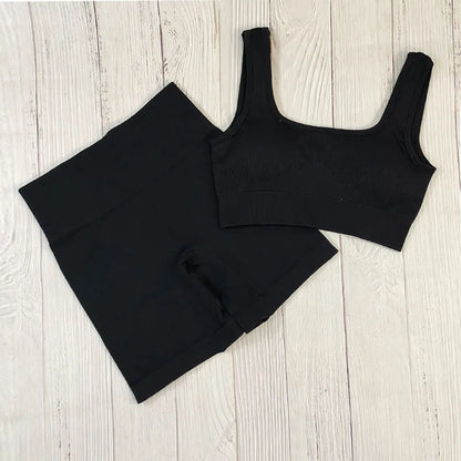 Nahtloses, Hochgeschnittenes Yoga und Fitness Outfit U schwarz Kurz set