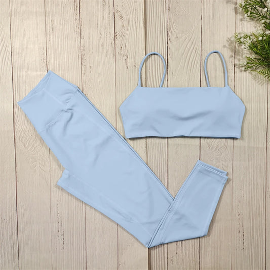 Set mit Hochgeschnittenen Leggings und Kurzen Ärmeln Himmelblau