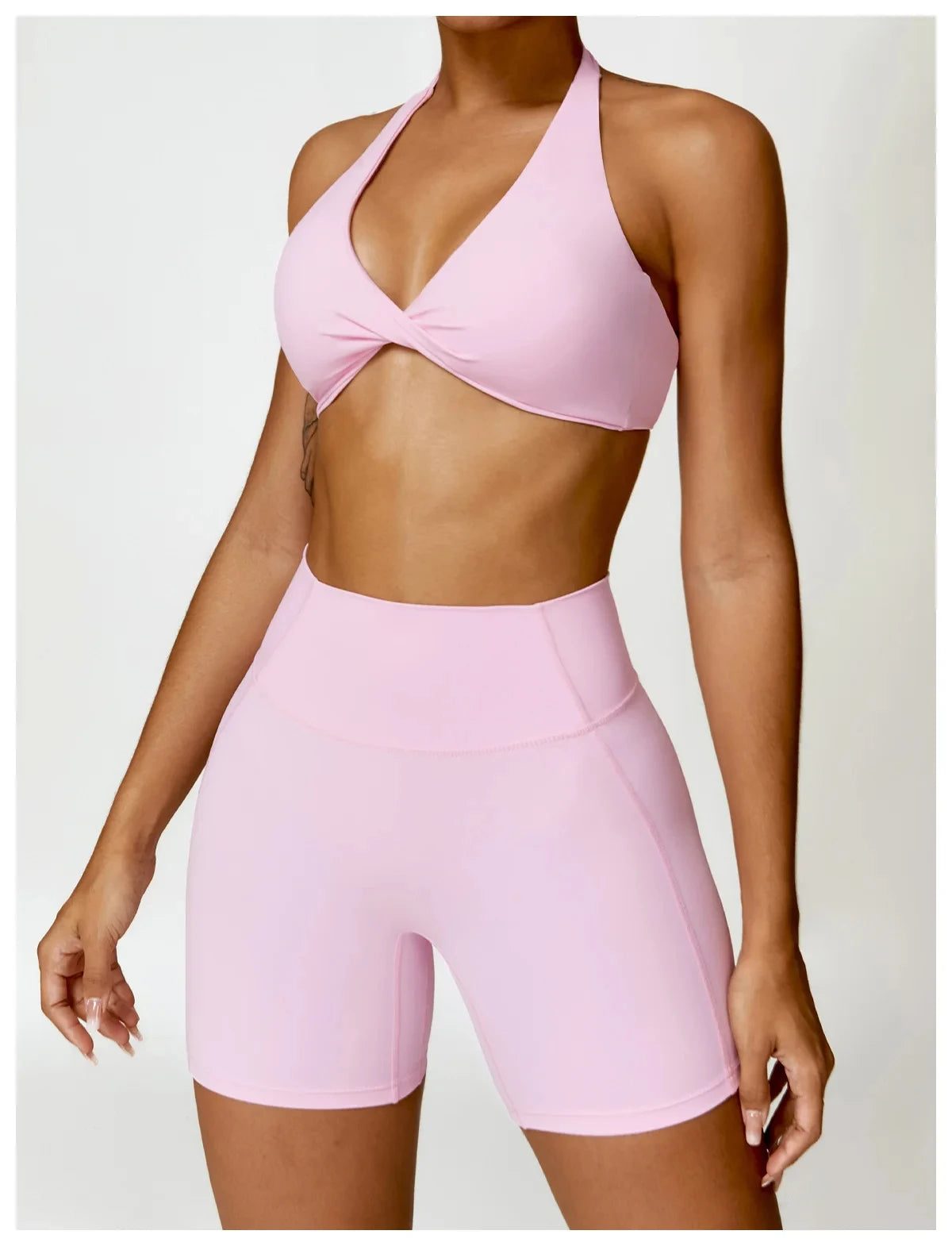 Sportedly 2-teiliges Damen Yoga Outfit: Nahtloser Sport-BH, Sexy Gym Shorts & Leggings Rosa
