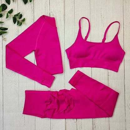Yoga Set Langarmoberteil Fitnesshose 2-teilig - Atmungsaktiv & Bequem für Frauen 3PCS Rosa Rot