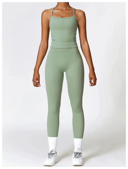 Hochwertige Fitness Kleidung mit Langärmligen Oberteilen und Hochtaillierten Leggings Grün