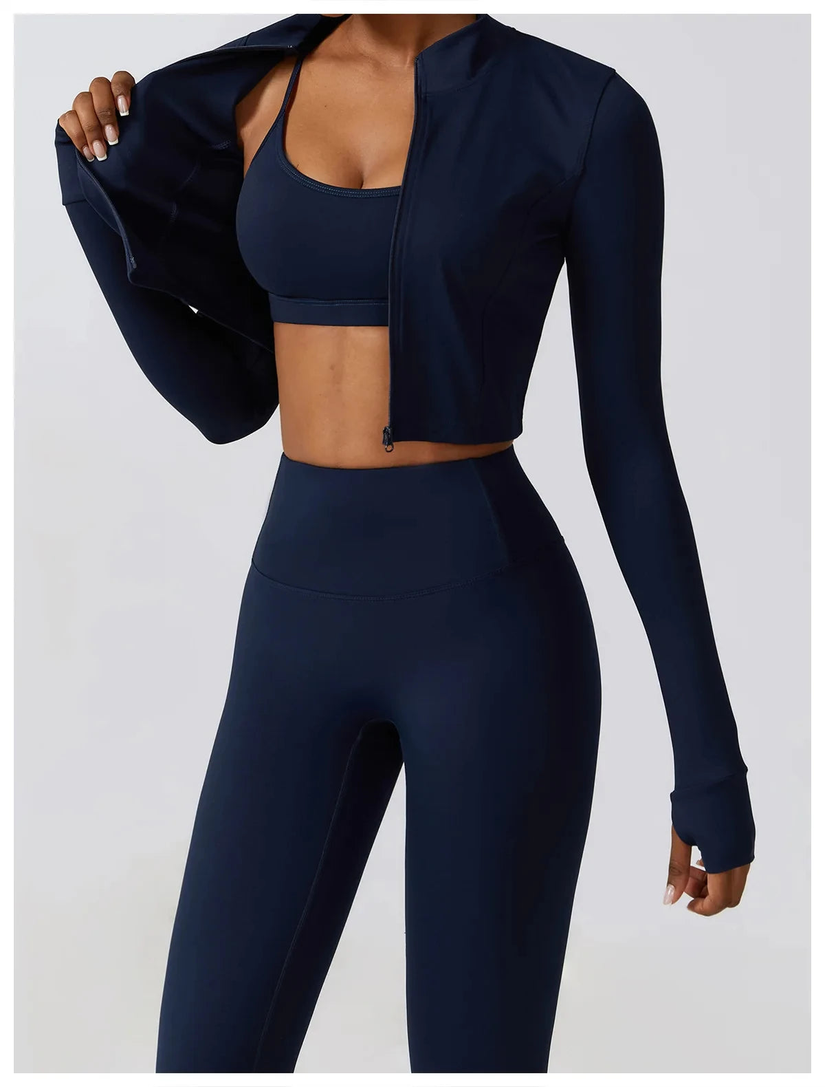 Nahtlose Fitness-Leggings Mit Crop Top Mit Langen Ärmeln & Yoga-BH Für Aktive Frauen Dunkelblau 3PC 2