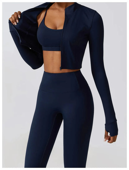 Nahtlose Fitness-Leggings Mit Crop Top Mit Langen Ärmeln & Yoga-BH Für Aktive Frauen Dunkelblau 3PC 2