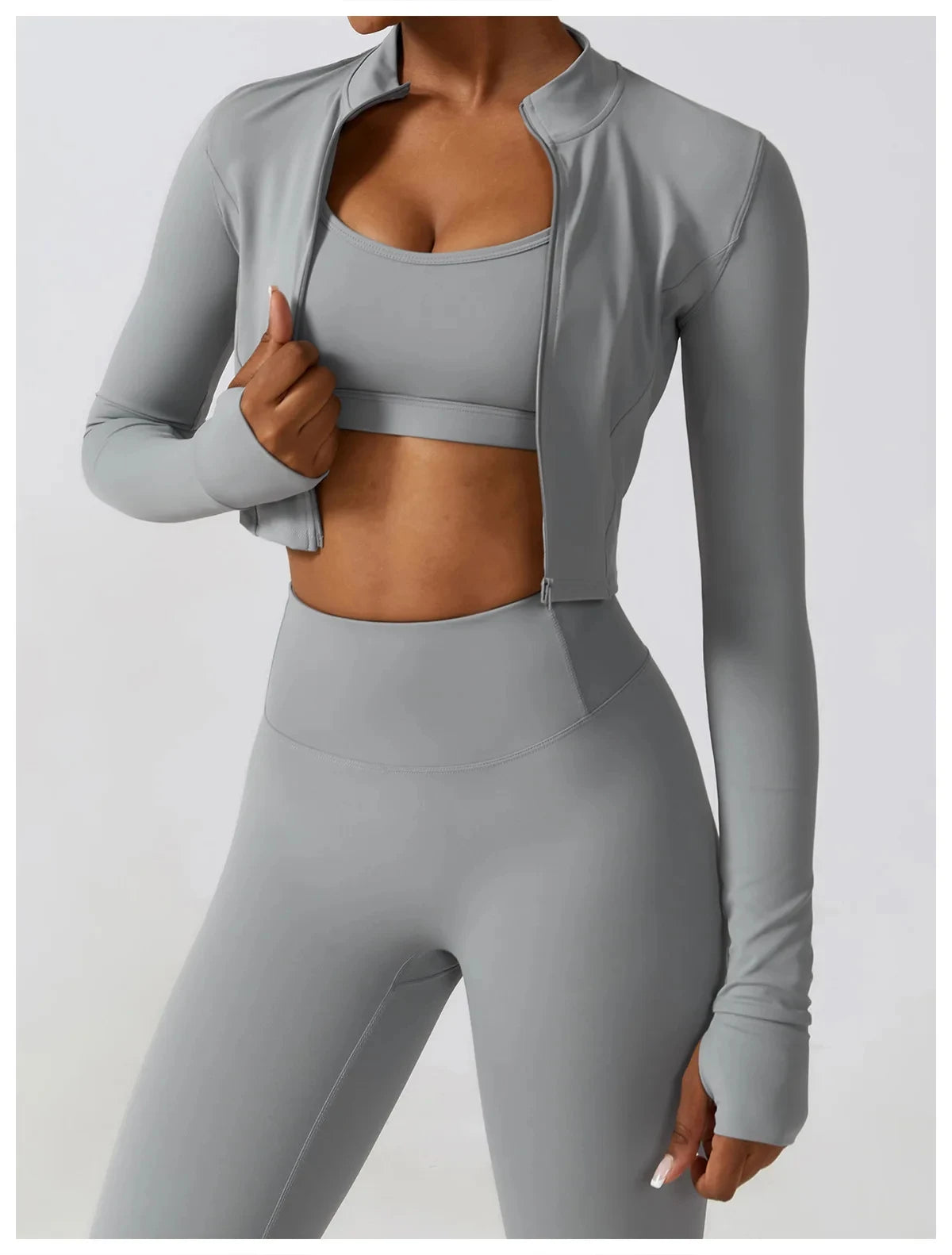 Nahtlose Fitness-Leggings Mit Crop Top Mit Langen Ärmeln & Yoga-BH Für Aktive Frauen Grau 3PC 2