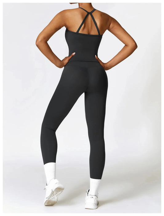 Hochwertige Fitness Kleidung mit Langärmligen Oberteilen und Hochtaillierten Leggings Schwarz