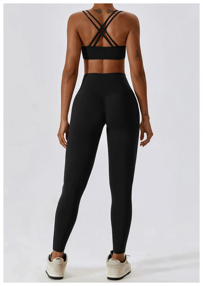Elegantes 2-teiliges Damen Yoga Outfit mit Hoher Taille Leggings und Oberteil für Sport Schwarz