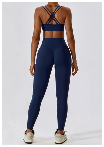 Elegantes 2-teiliges Damen Yoga Outfit mit Hoher Taille Leggings und Oberteil für Sport Abzeichen Blau