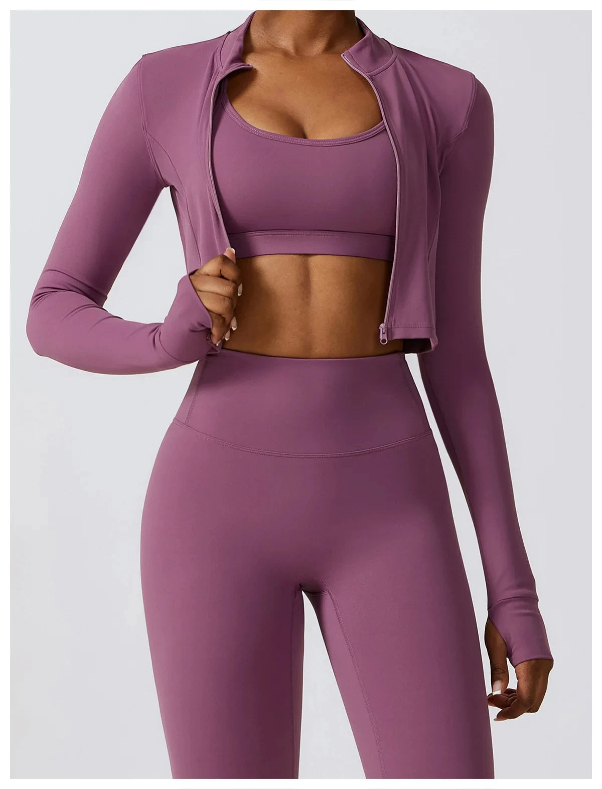 Nahtlose Fitness-Leggings Mit Crop Top Mit Langen Ärmeln & Yoga-BH Für Aktive Frauen Lila 3PCS-2