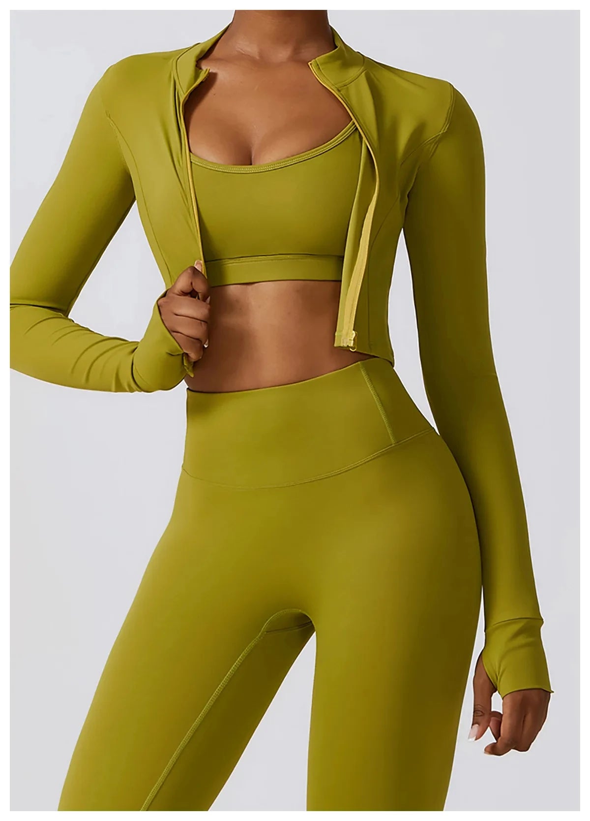 Nahtlose Fitness-Leggings Mit Crop Top Mit Langen Ärmeln & Yoga-BH Für Aktive Frauen Grün 3PCS-2