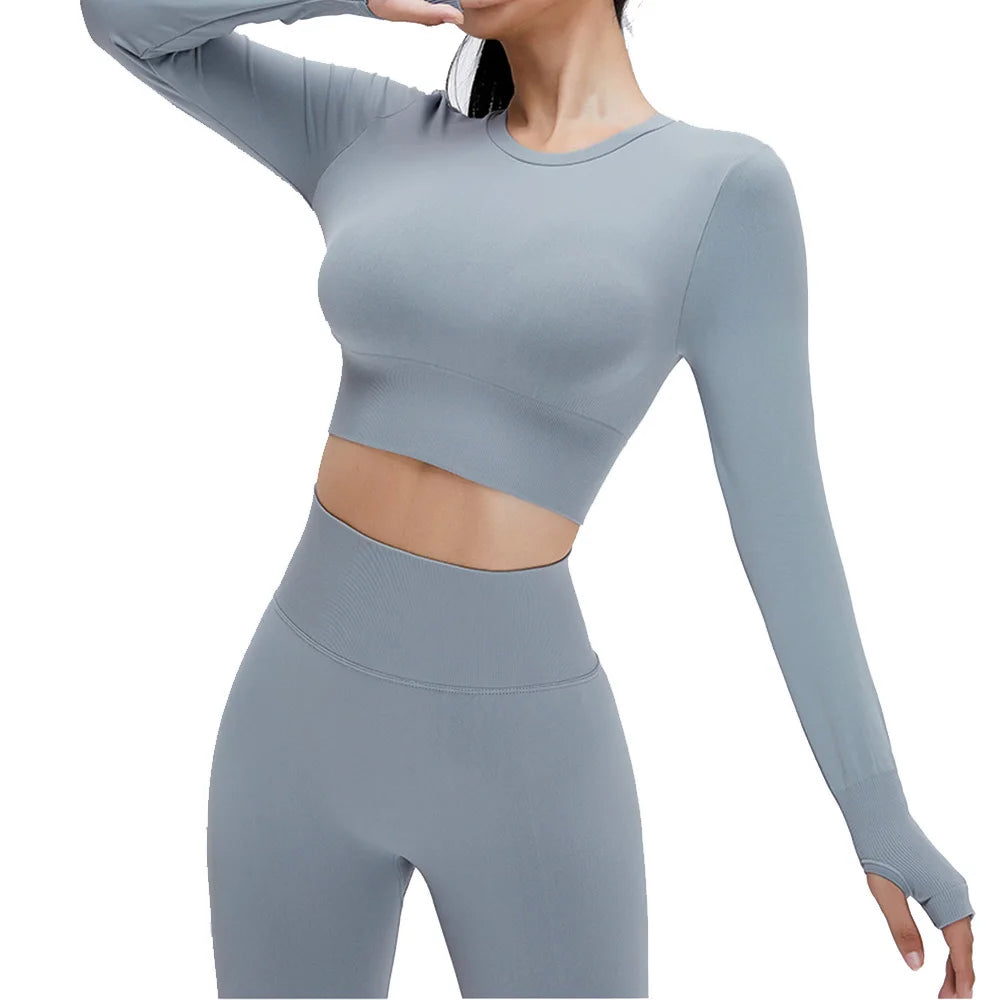 Yoga Set Langarmoberteil Fitnesshose 2-teilig - Atmungsaktiv & Bequem für Frauen Grau Set