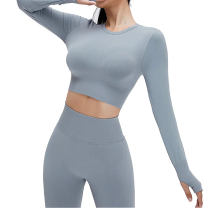 Yoga Set Langarmoberteil Fitnesshose 2-teilig - Atmungsaktiv & Bequem für Frauen Grau Set