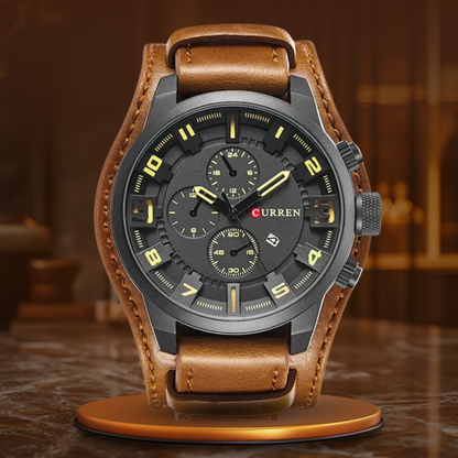 Robuste Sport-Militäruhr mit veganem Lederarmband, wasserdicht und schockfest, Quarzwerk mit großem Ziffernblatt für optimale Ablesbarkeit.