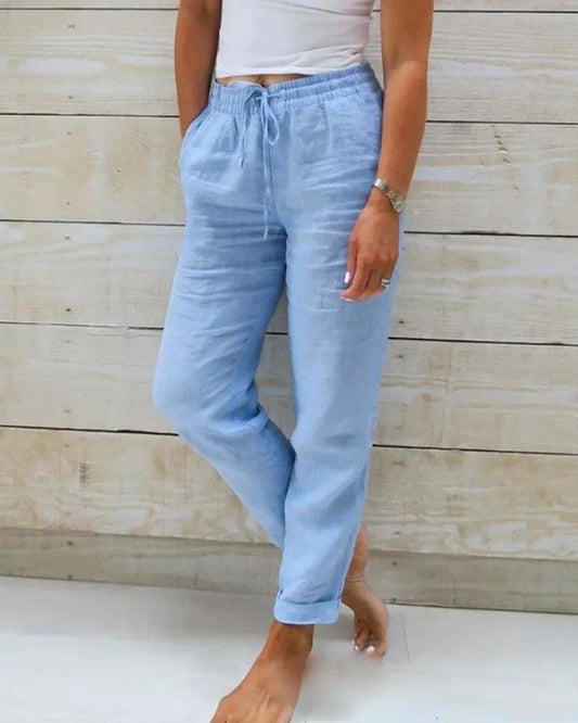 MILA – Luftige & Atmungsaktive Leinenhose Mit Elastischem Bund Und Praktischen Taschen Blau