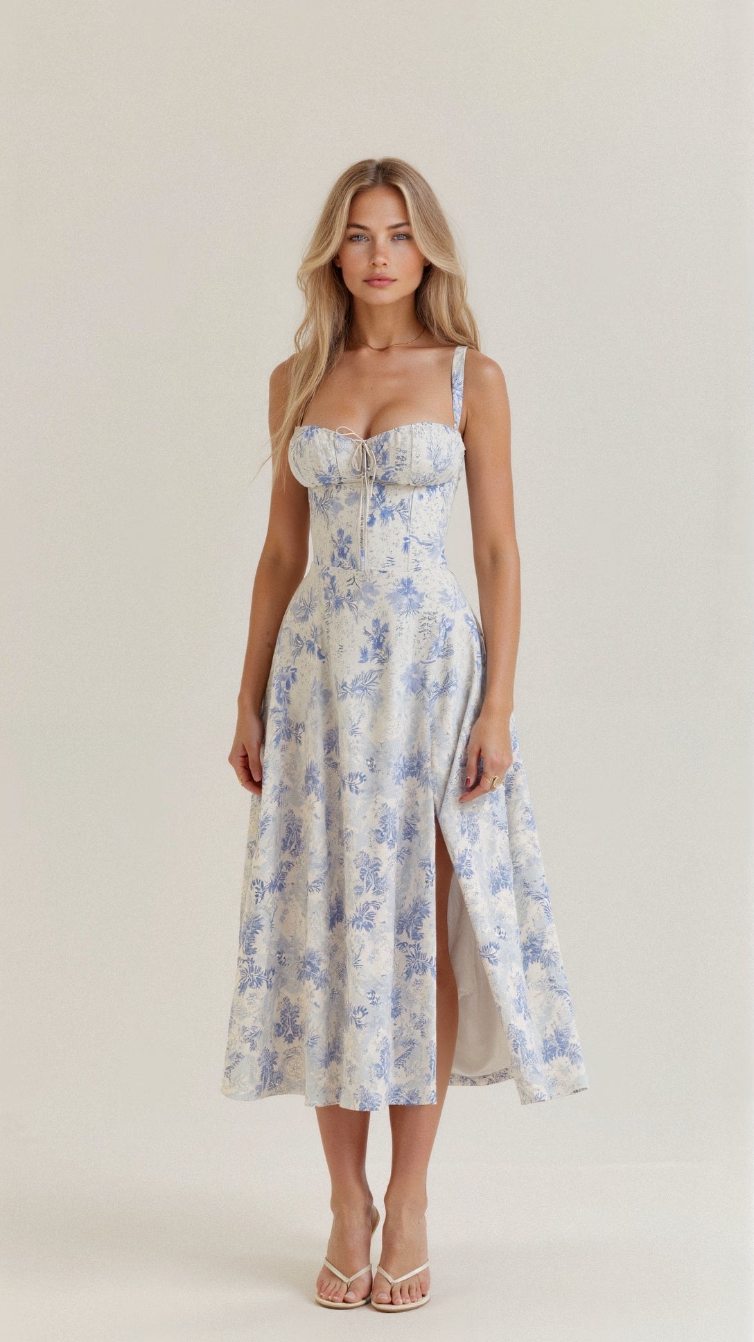 Kiana Taillenkleid von Fadenburg, ein figurschmeichelndes Kleid mit fließendem Stoff, präsentiert in einer stilvollen Pose von vorne.