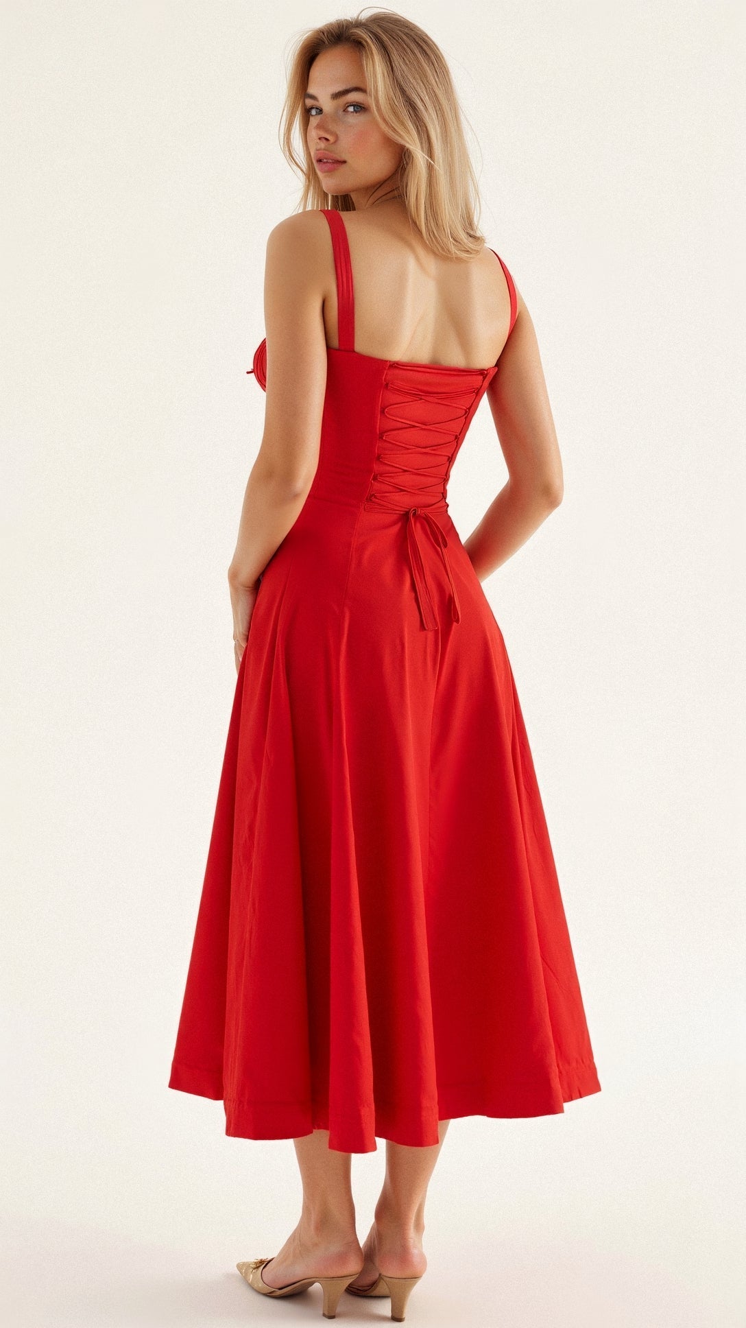 Das Kiana Taillenkleid von Fadenburg in leuchtendem Rot präsentiert eine ansprechende Rückansicht, die den taillierten Schnitt und den fließenden Stoff zur Geltung bringt.
