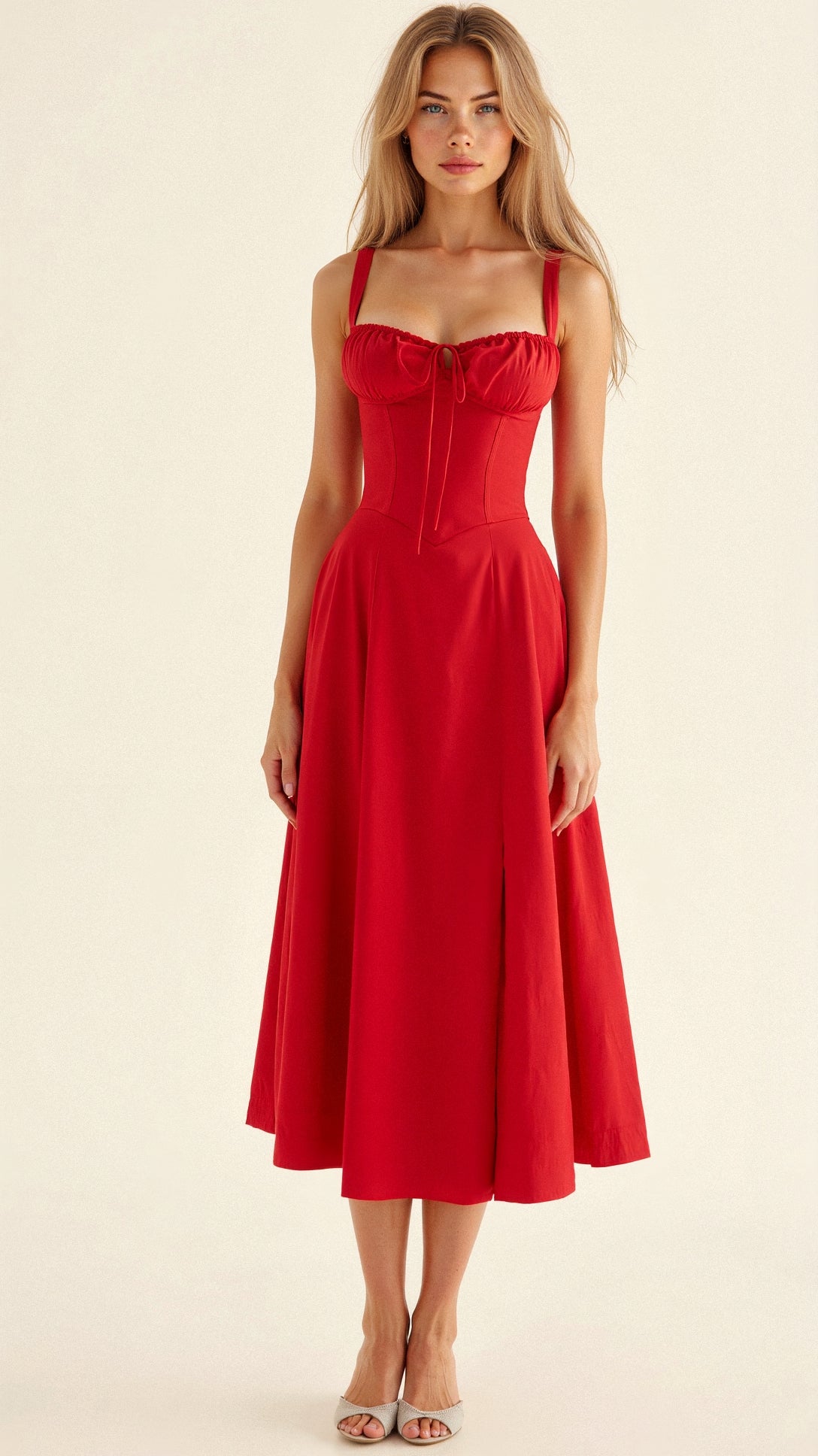 Kiana Taillenkleid von Fadenburg, stilvolles, tailliertes Design in rot mit seitlichem Schlitz, perfekt für besondere Anlässe und festliche Anlässe.