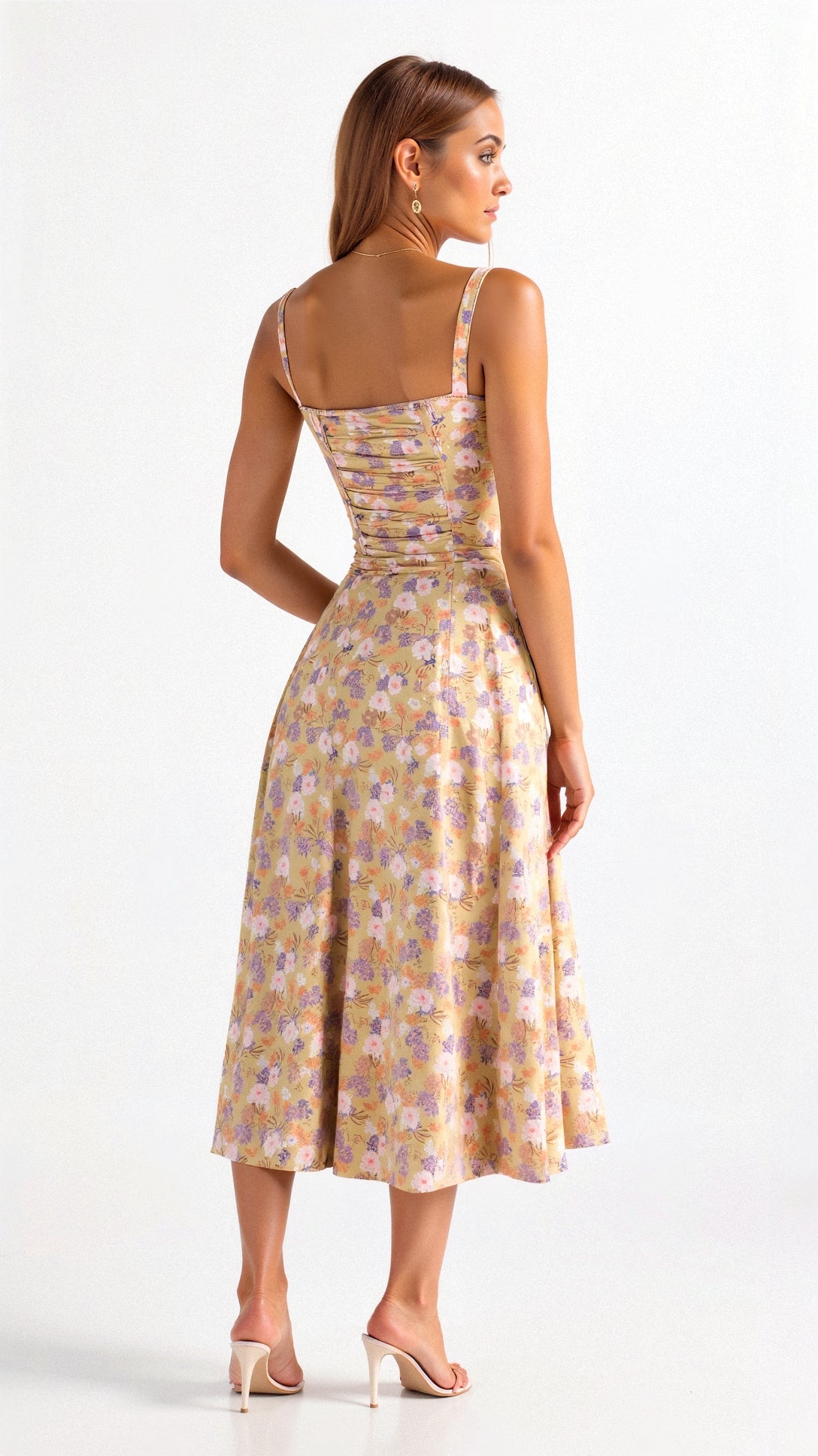 Kiana Taillenkleid von Fadenburg: Stilvolles Design mit buntem Blumenmuster, Rückansicht mit elegantem Drapierungseffekt.