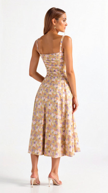Kiana Taillenkleid von Fadenburg: Stilvolles Design mit buntem Blumenmuster, Rückansicht mit elegantem Drapierungseffekt.