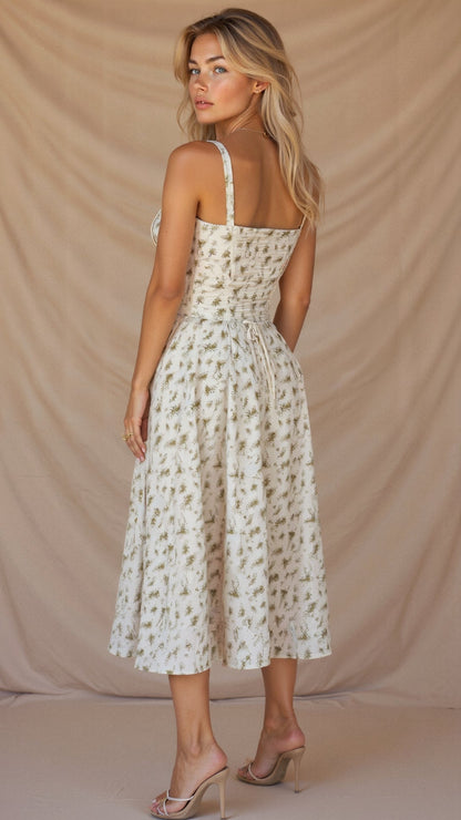 Kiana Taillenkleid von Fadenburg: Figurschmeichelndes Design mit fließendem Stoff, Rückansicht in elegantem Muster.
