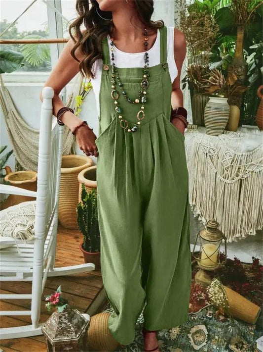LIVIA – Luftiger Leinen Jumpsuit Mit Verstellbaren Trägern Für Einen Boho-Chic Look Grün